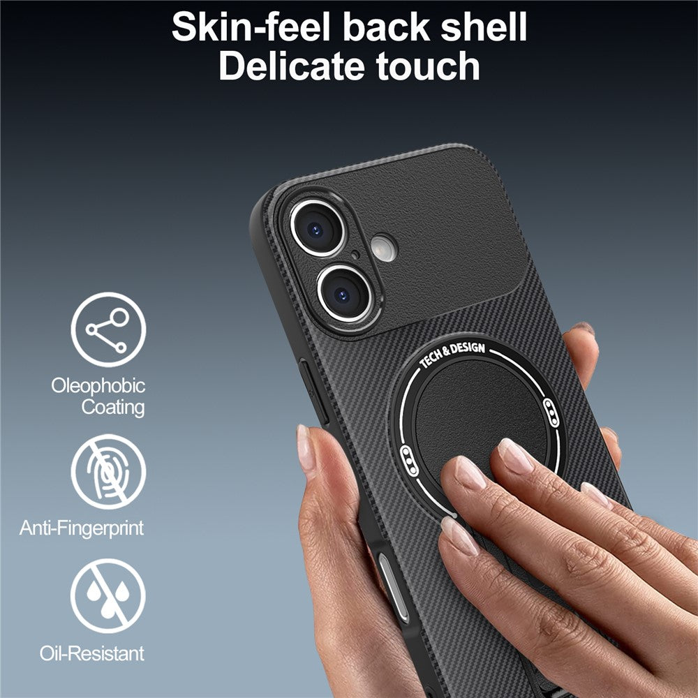 For iPhone 16 Case with Kickstand Carbon Fiber Texture PC + TPU Phone Cover