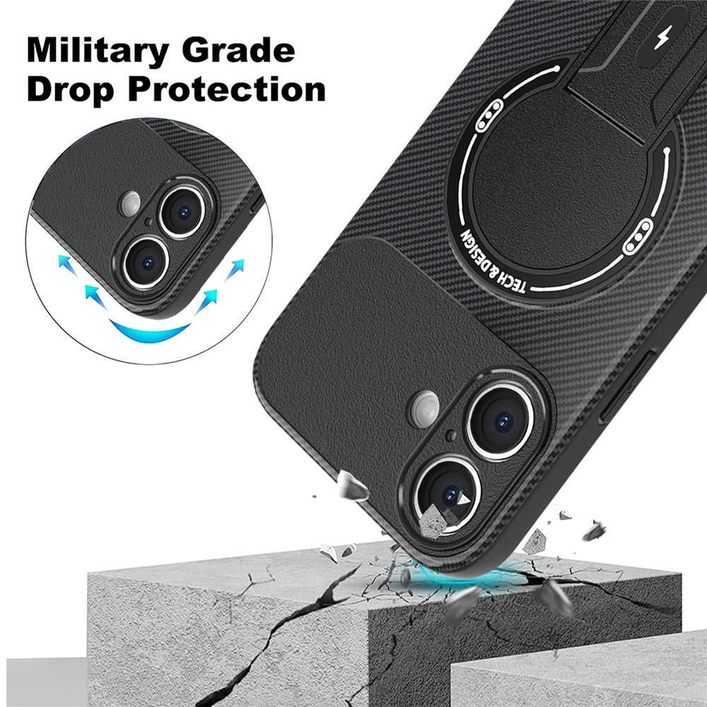 For iPhone 16 Case with Kickstand Carbon Fiber Texture PC + TPU Phone Cover