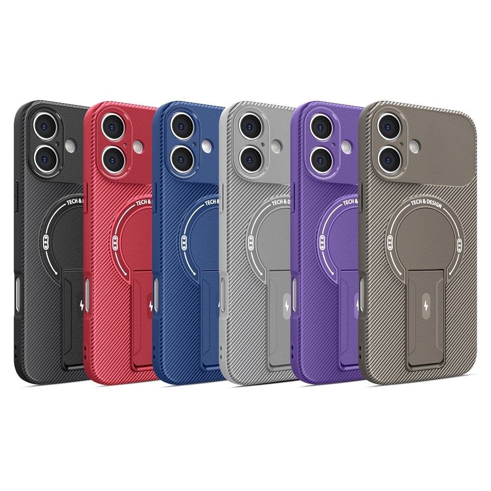 For iPhone 16 Case with Kickstand Carbon Fiber Texture PC + TPU Phone Cover