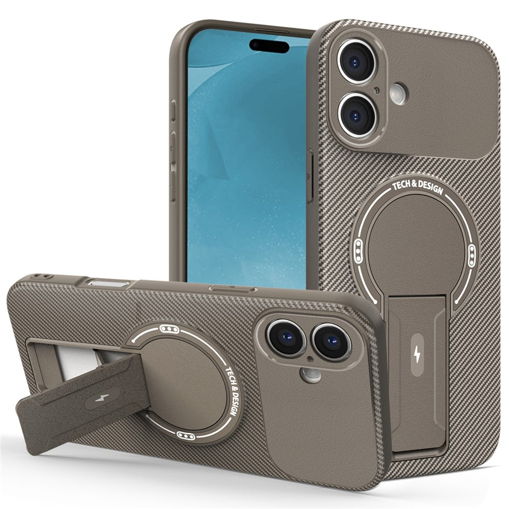 For iPhone 16 Case with Kickstand Carbon Fiber Texture PC + TPU Phone Cover