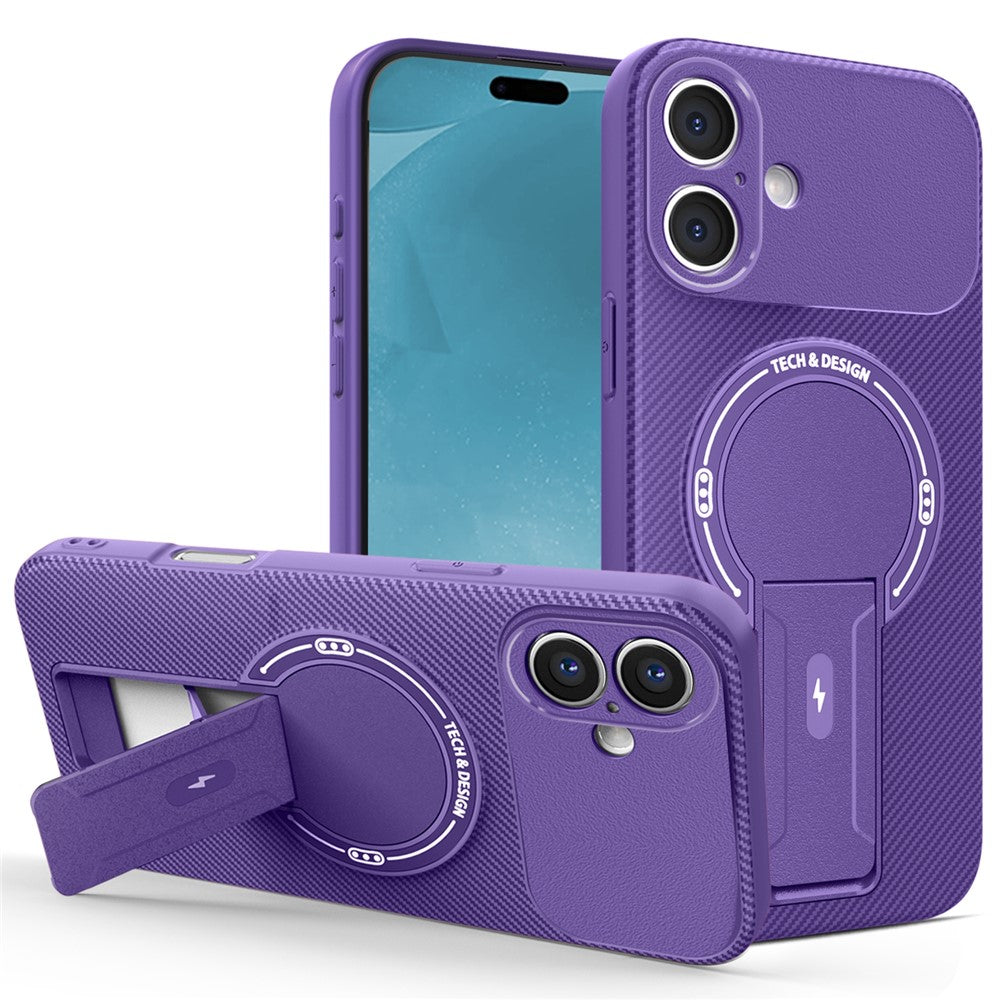 For iPhone 16 Case with Kickstand Carbon Fiber Texture PC + TPU Phone Cover