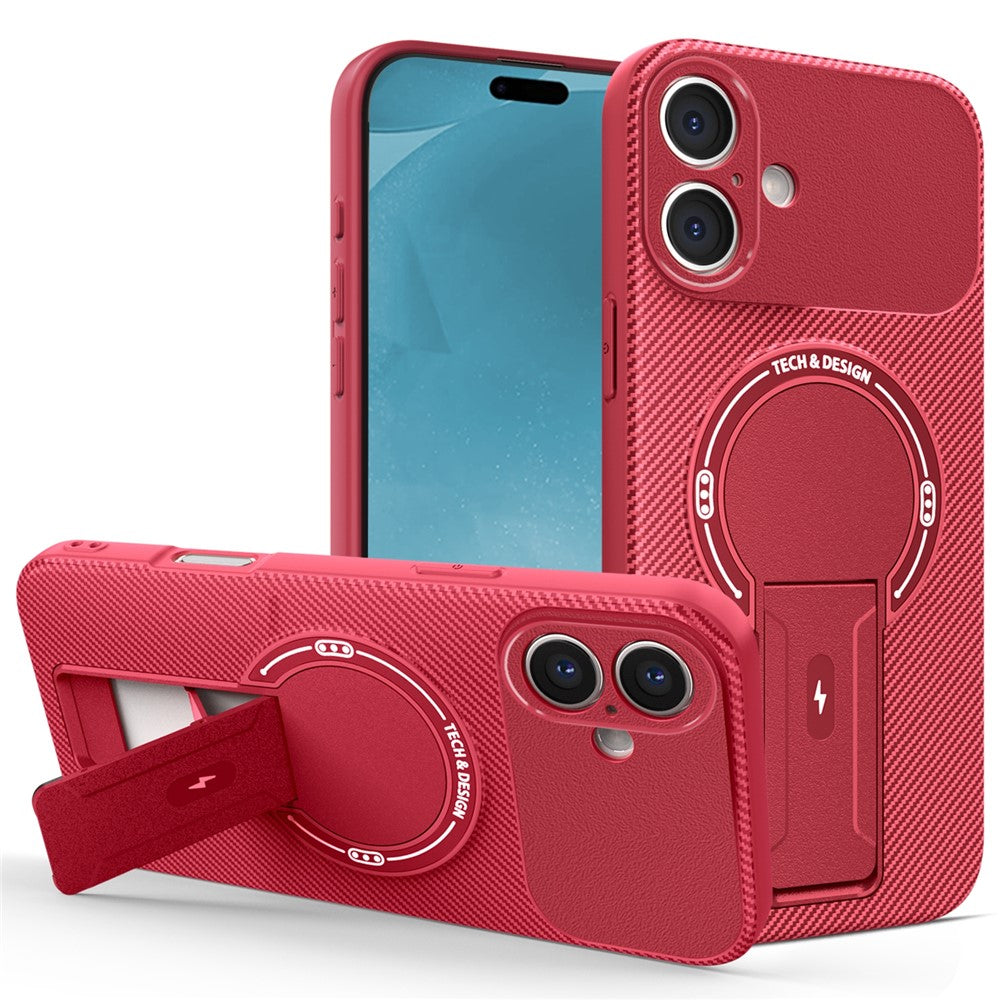 For iPhone 16 Case with Kickstand Carbon Fiber Texture PC + TPU Phone Cover