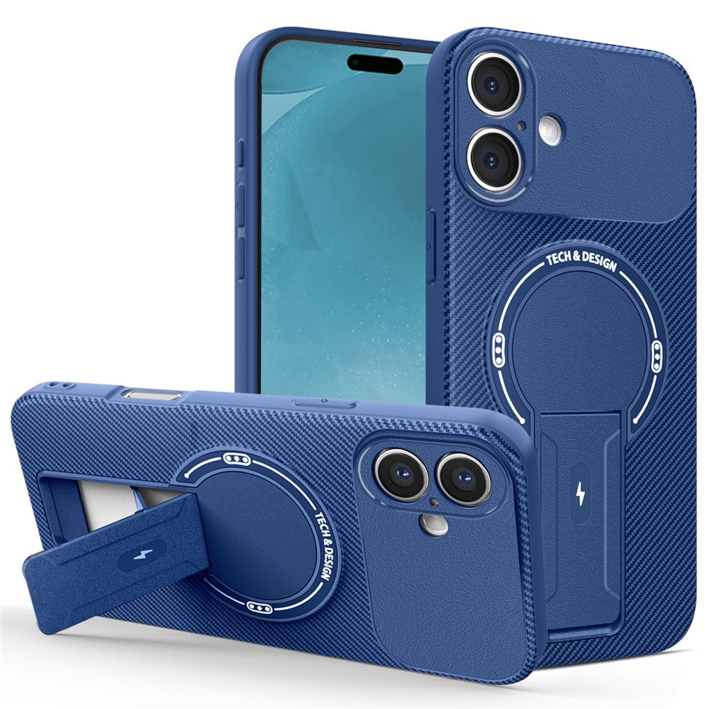 For iPhone 16 Case with Kickstand Carbon Fiber Texture PC + TPU Phone Cover