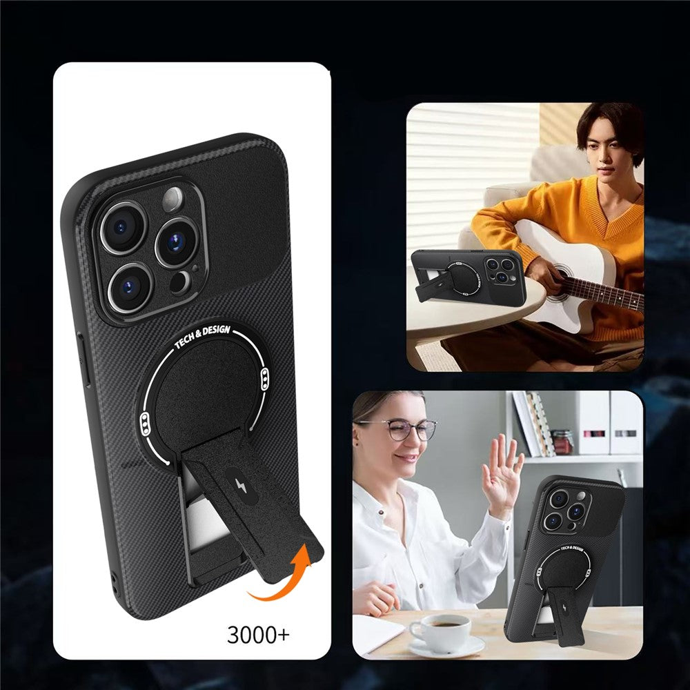 For iPhone 15 Pro Max Case with Kickstand Carbon Fiber Texture PC + TPU Phone Cover