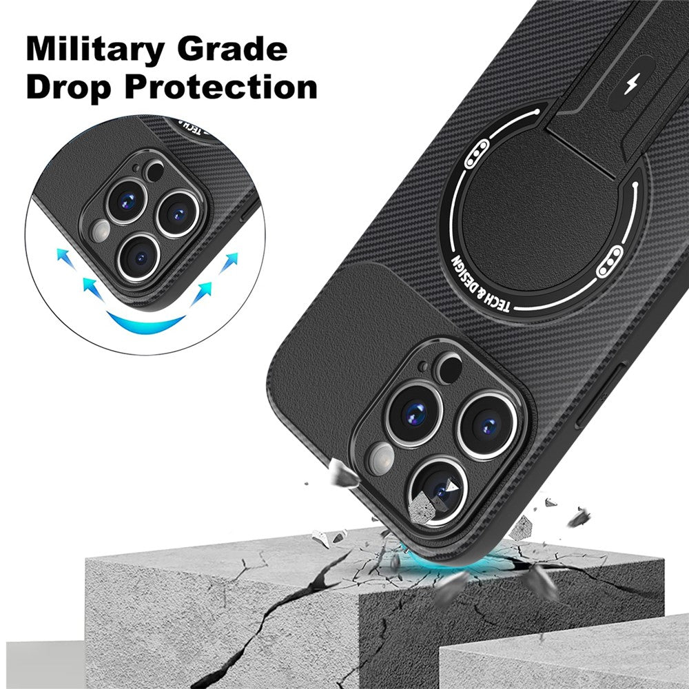 For iPhone 15 Pro Max Case with Kickstand Carbon Fiber Texture PC + TPU Phone Cover