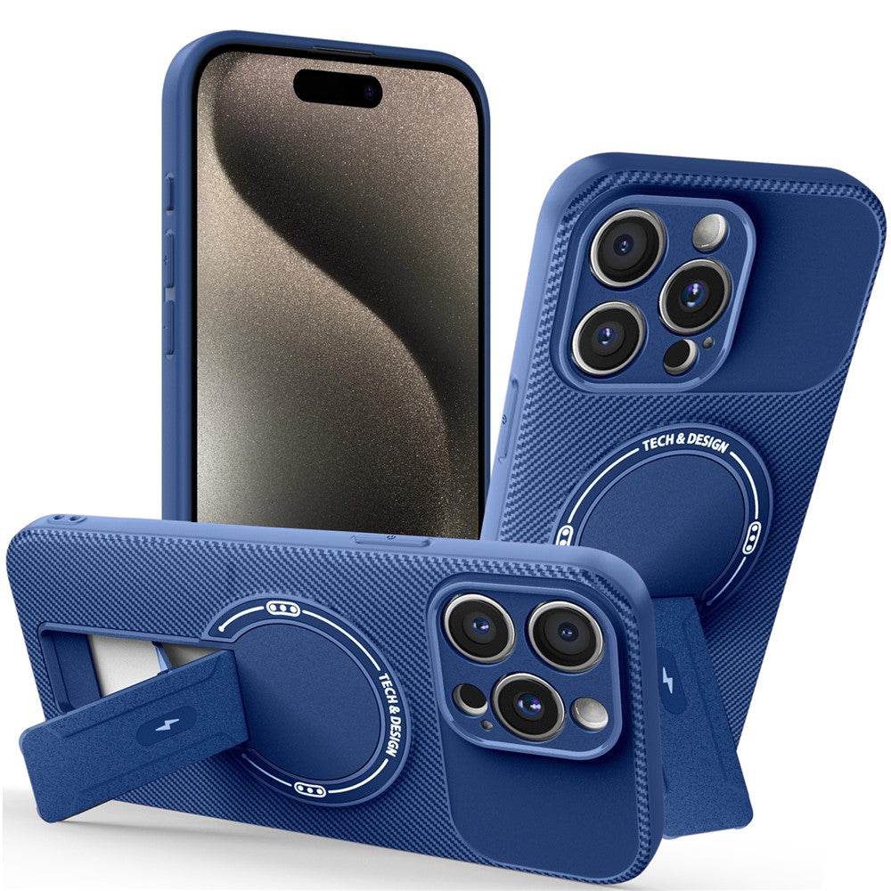 For iPhone 15 Pro Max Case with Kickstand Carbon Fiber Texture PC + TPU Phone Cover