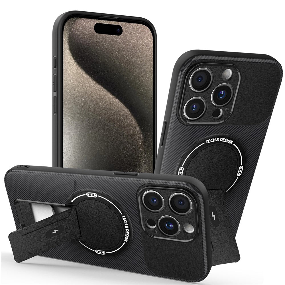 For iPhone 15 Pro Case with Kickstand Carbon Fiber Texture PC + TPU Phone Cover