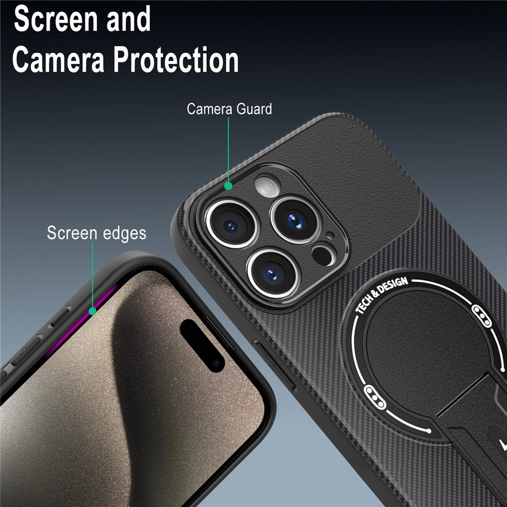 For iPhone 15 Pro Case with Kickstand Carbon Fiber Texture PC + TPU Phone Cover