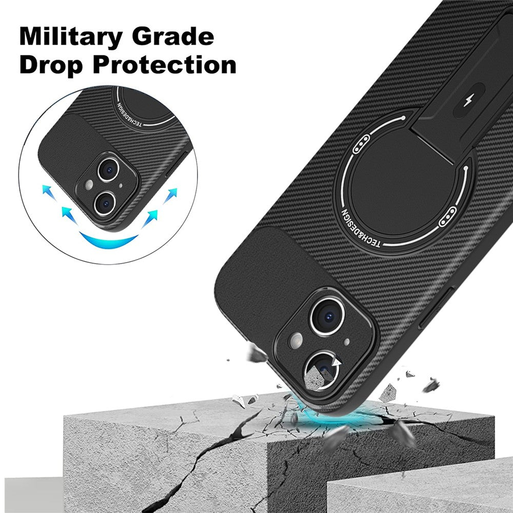 For iPhone 15 Case with Kickstand Carbon Fiber Texture PC + TPU Phone Cover