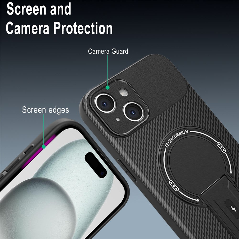 For iPhone 15 Case with Kickstand Carbon Fiber Texture PC + TPU Phone Cover
