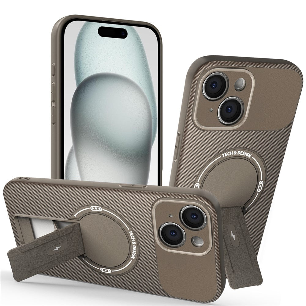 For iPhone 15 Case with Kickstand Carbon Fiber Texture PC + TPU Phone Cover