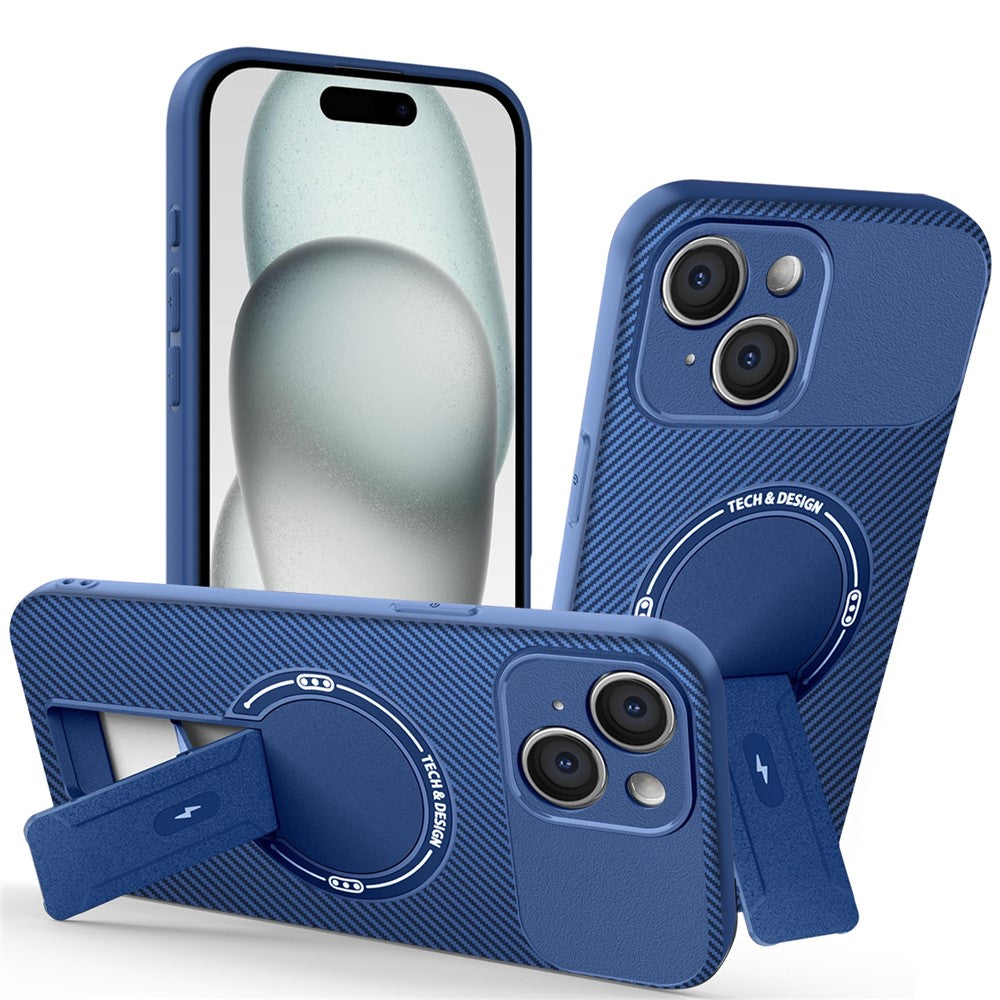 For iPhone 15 Case with Kickstand Carbon Fiber Texture PC + TPU Phone Cover