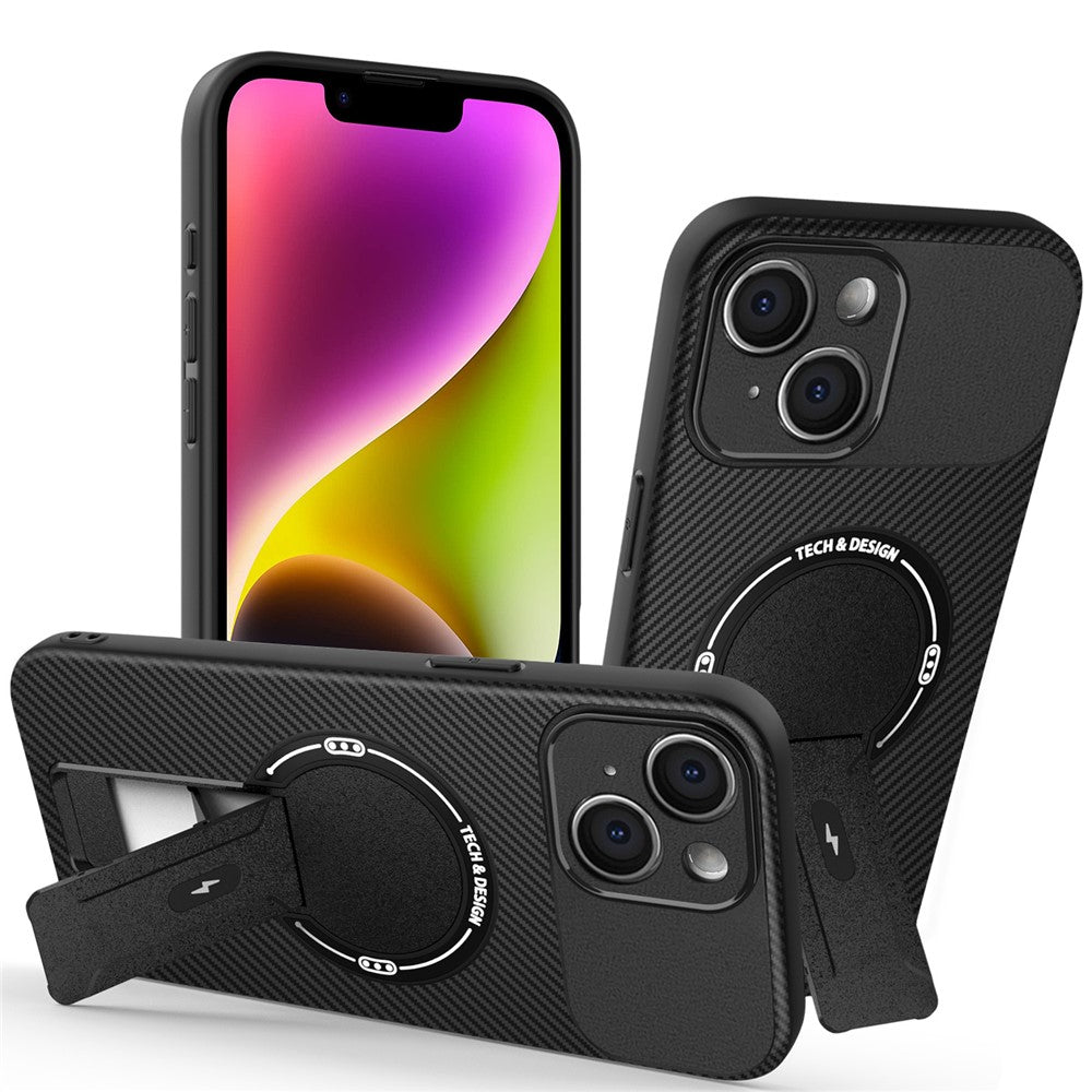For iPhone 14 Case with Kickstand Carbon Fiber Texture PC + TPU Phone Cover