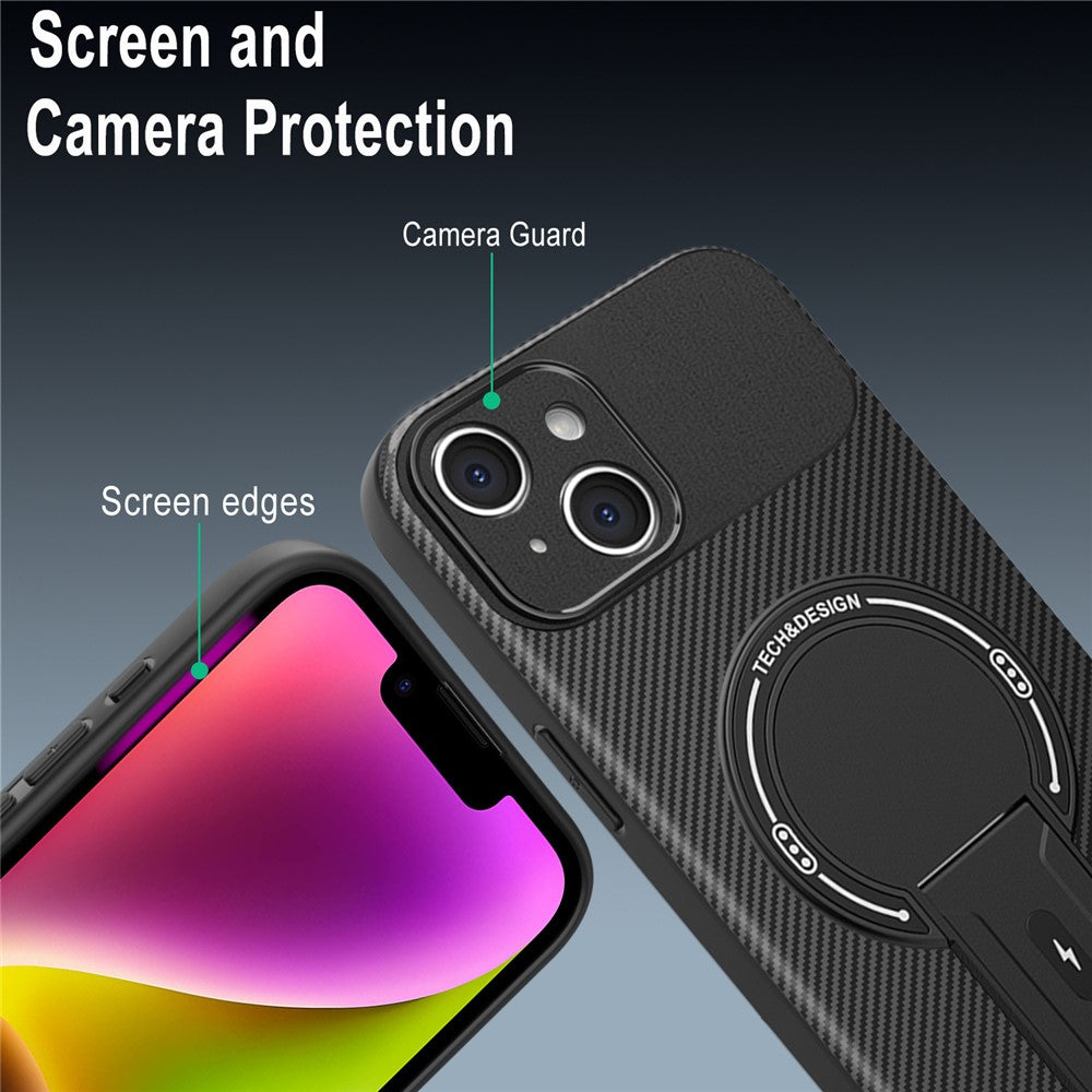 For iPhone 14 Case with Kickstand Carbon Fiber Texture PC + TPU Phone Cover