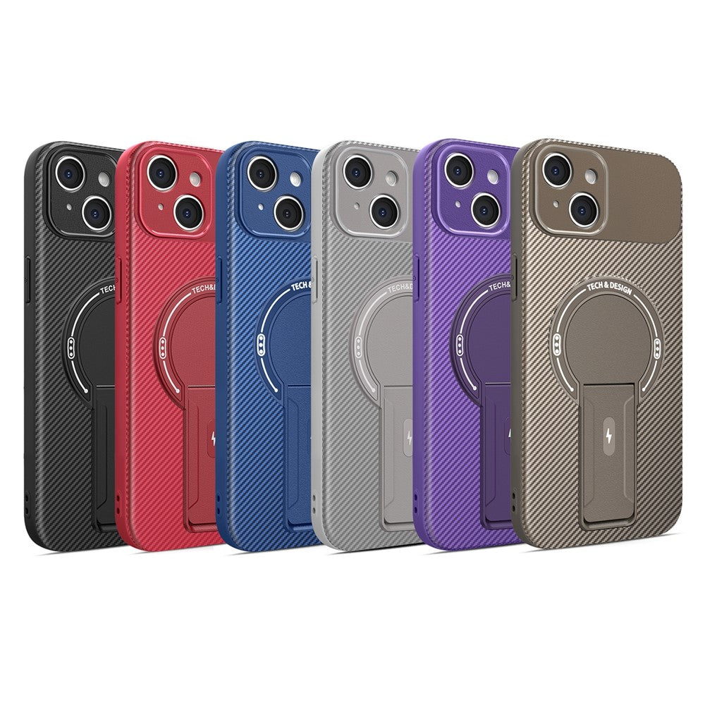 For iPhone 14 Case with Kickstand Carbon Fiber Texture PC + TPU Phone Cover