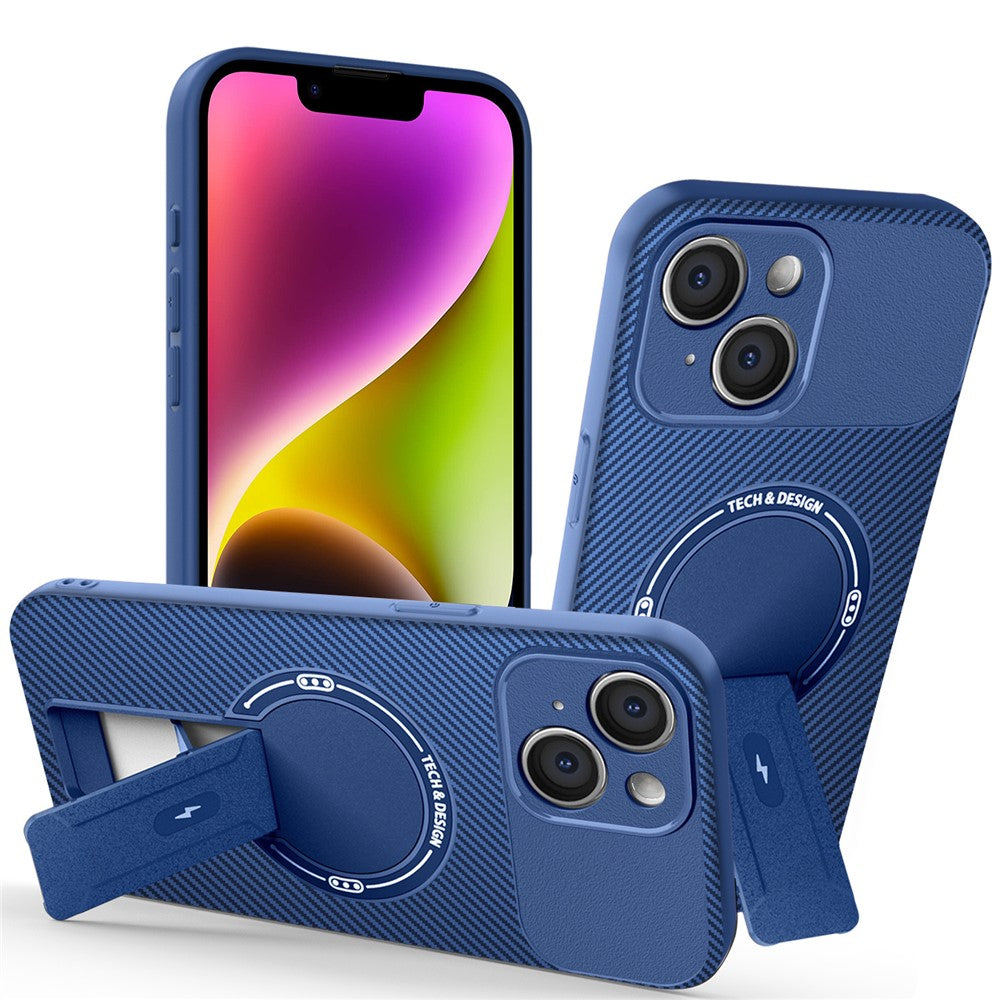 For iPhone 14 Case with Kickstand Carbon Fiber Texture PC + TPU Phone Cover