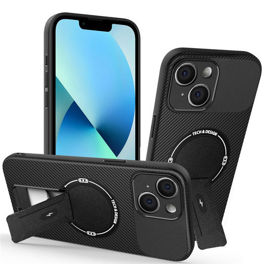 For iPhone 13 Case with Kickstand Carbon Fiber Texture PC + TPU Phone Cover