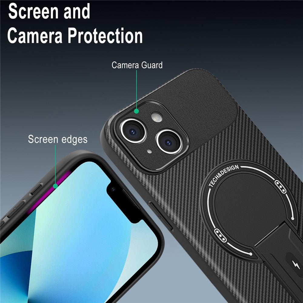 For iPhone 13 Case with Kickstand Carbon Fiber Texture PC + TPU Phone Cover