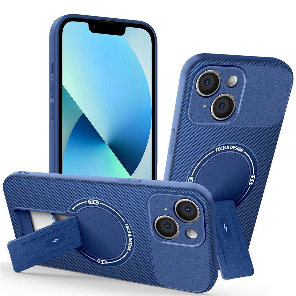 For iPhone 13 Case with Kickstand Carbon Fiber Texture PC + TPU Phone Cover