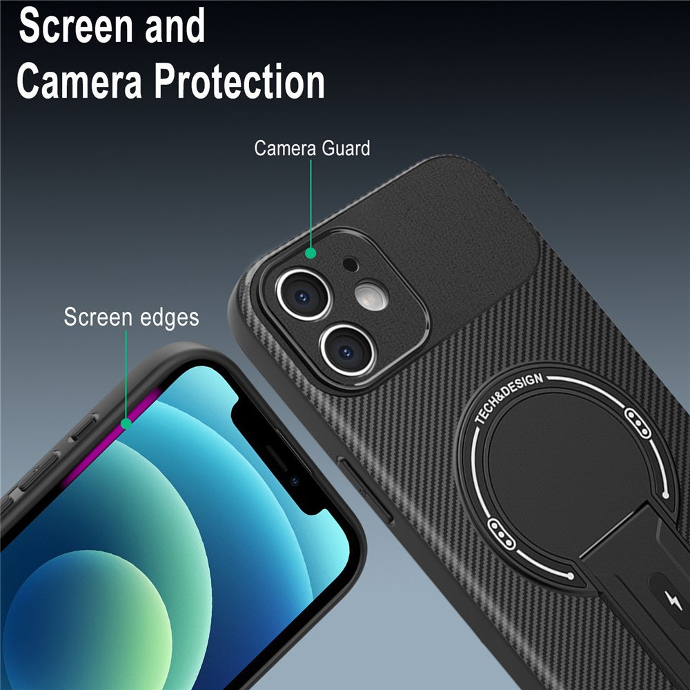 For iPhone 12 Case with Kickstand Carbon Fiber Texture PC + TPU Phone Cover