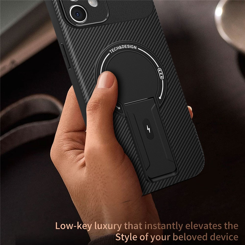 For iPhone 12 Case with Kickstand Carbon Fiber Texture PC + TPU Phone Cover