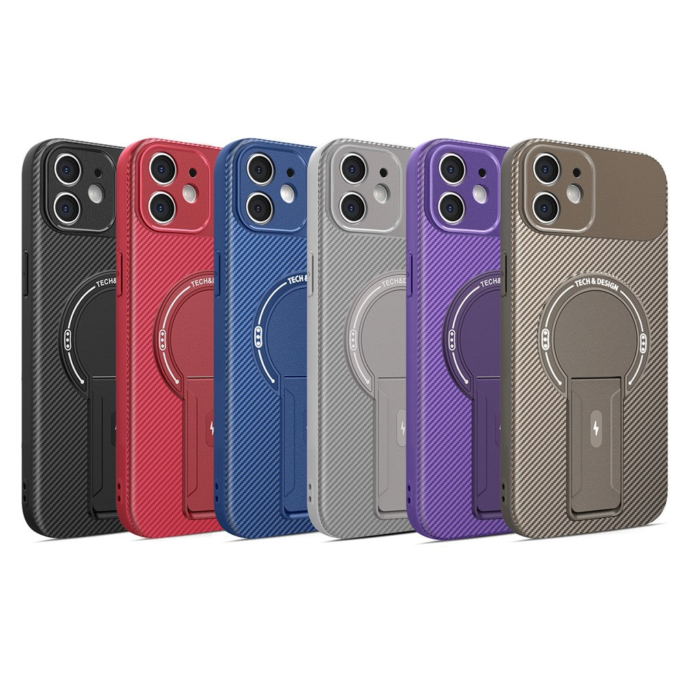 For iPhone 12 Case with Kickstand Carbon Fiber Texture PC + TPU Phone Cover