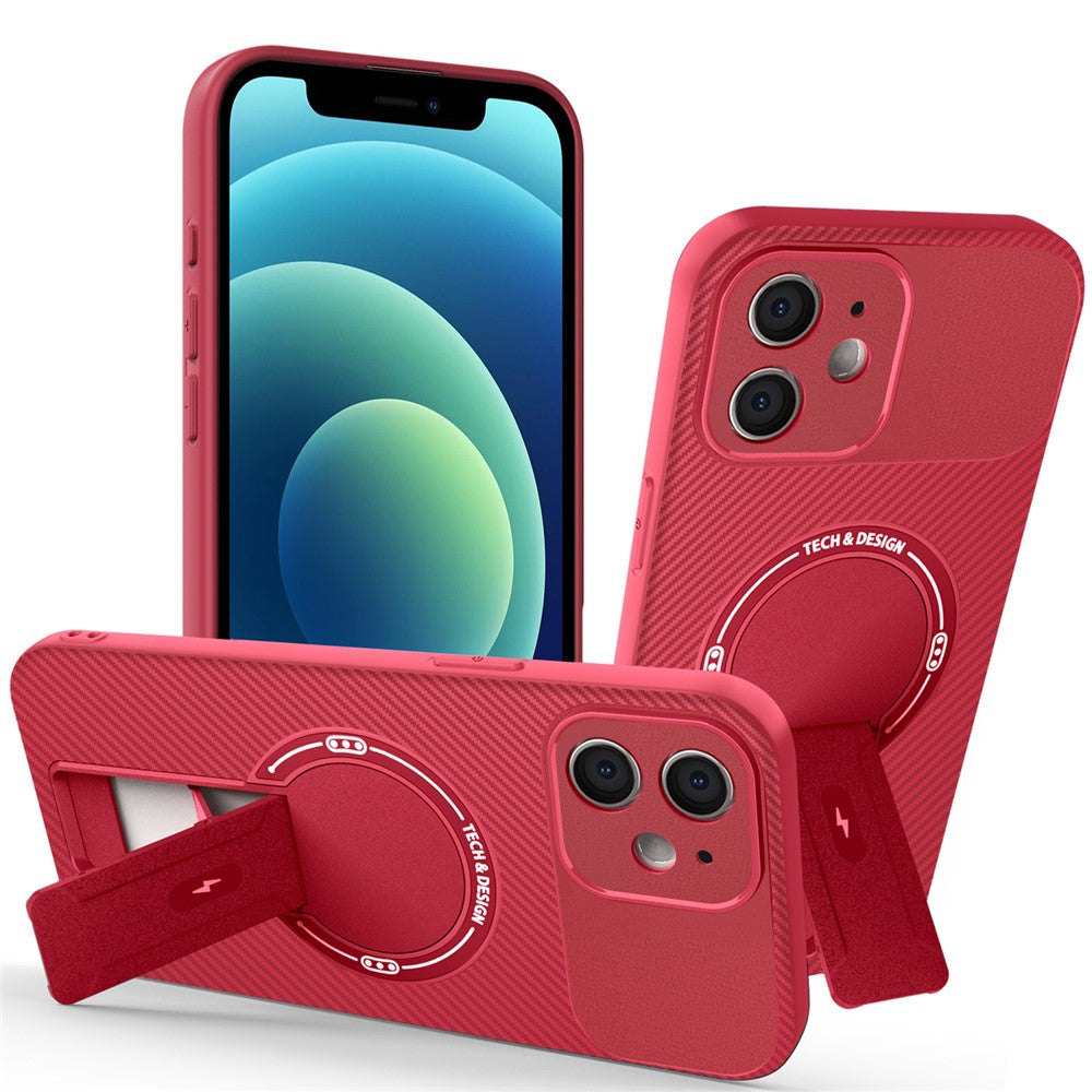 For iPhone 12 Case with Kickstand Carbon Fiber Texture PC + TPU Phone Cover