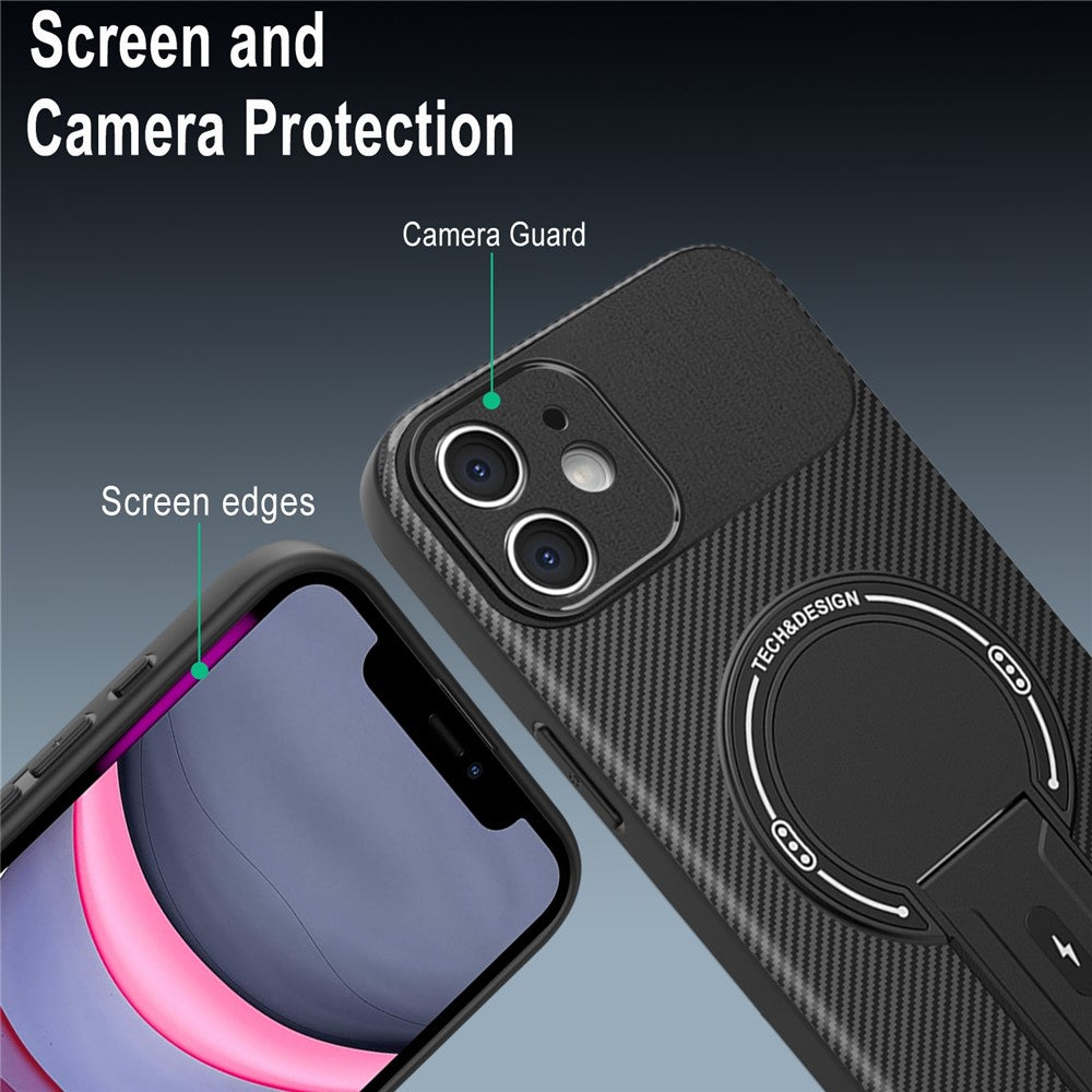 For iPhone 11 Case with Kickstand Carbon Fiber Texture PC + TPU Phone Cover