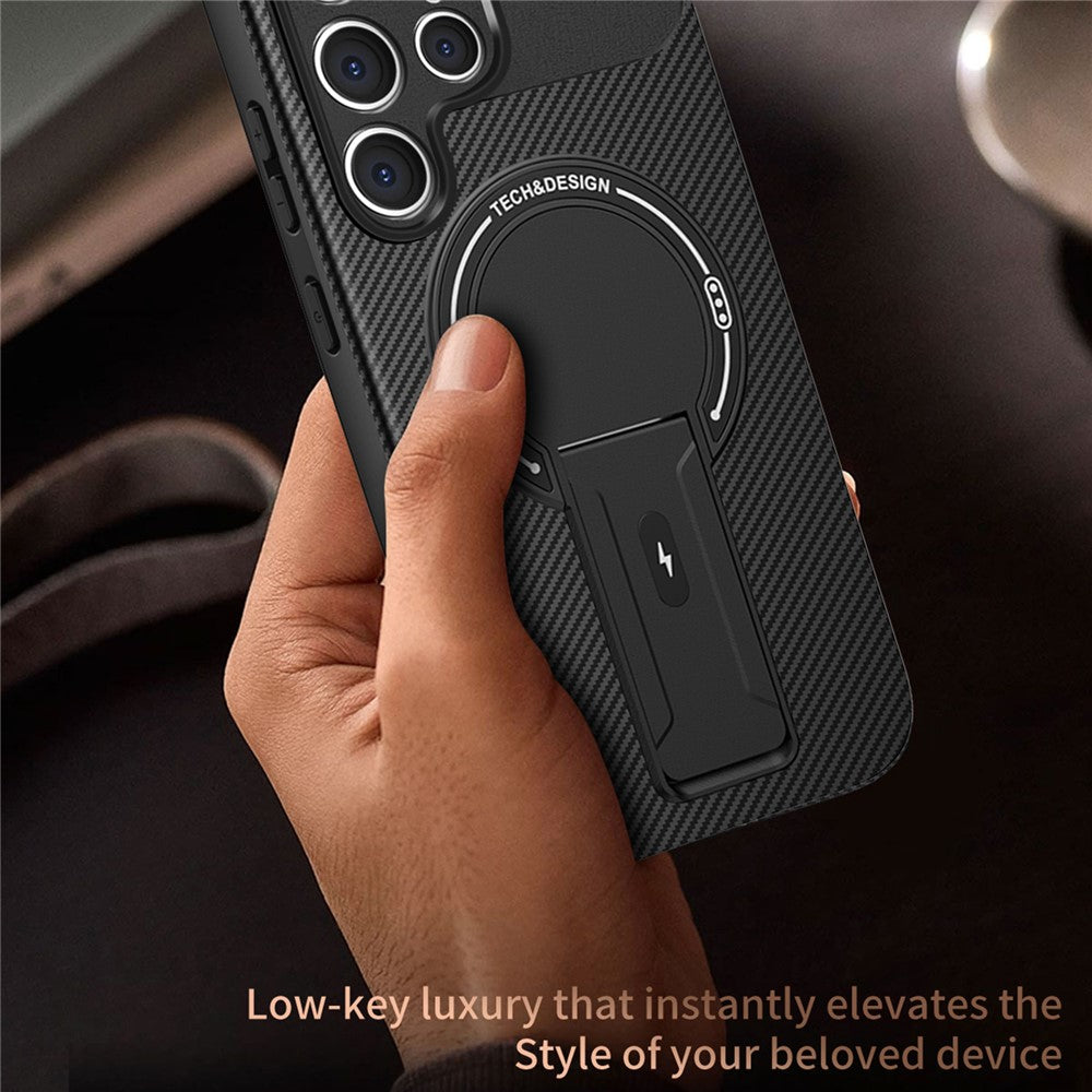For Samsung Galaxy S25 Ultra Case with Kickstand Carbon Fiber Texture PC + TPU Phone Cover