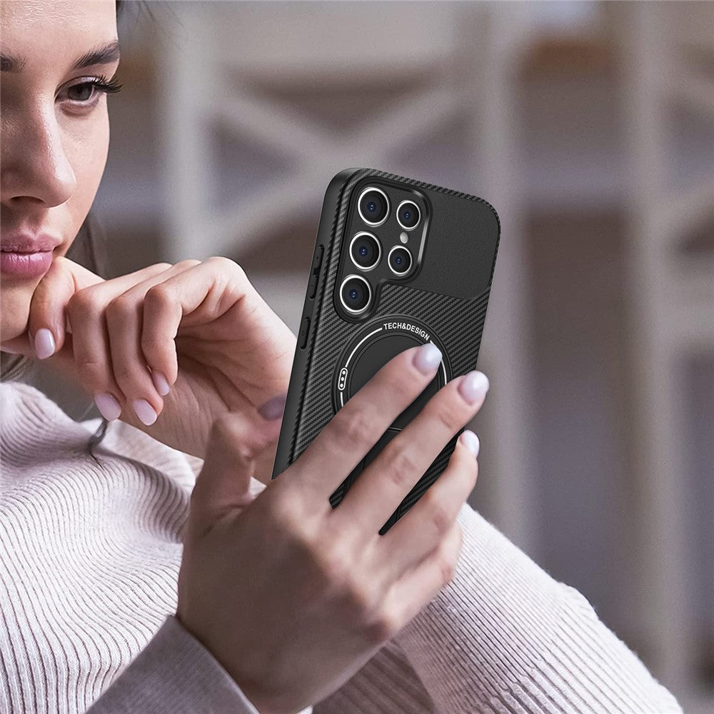 For Samsung Galaxy S25 Ultra Case with Kickstand Carbon Fiber Texture PC + TPU Phone Cover