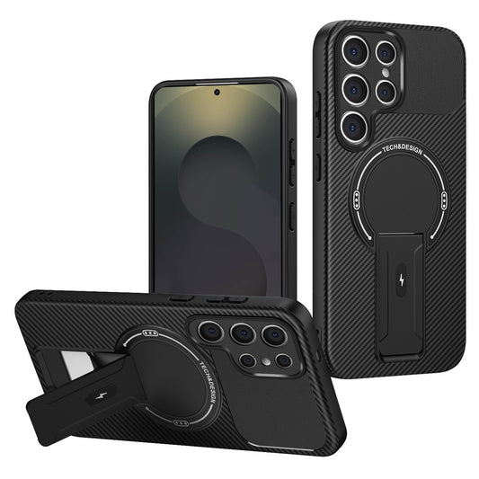 For Samsung Galaxy S23 Ultra Case with Kickstand Carbon Fiber Texture PC + TPU Phone Cover