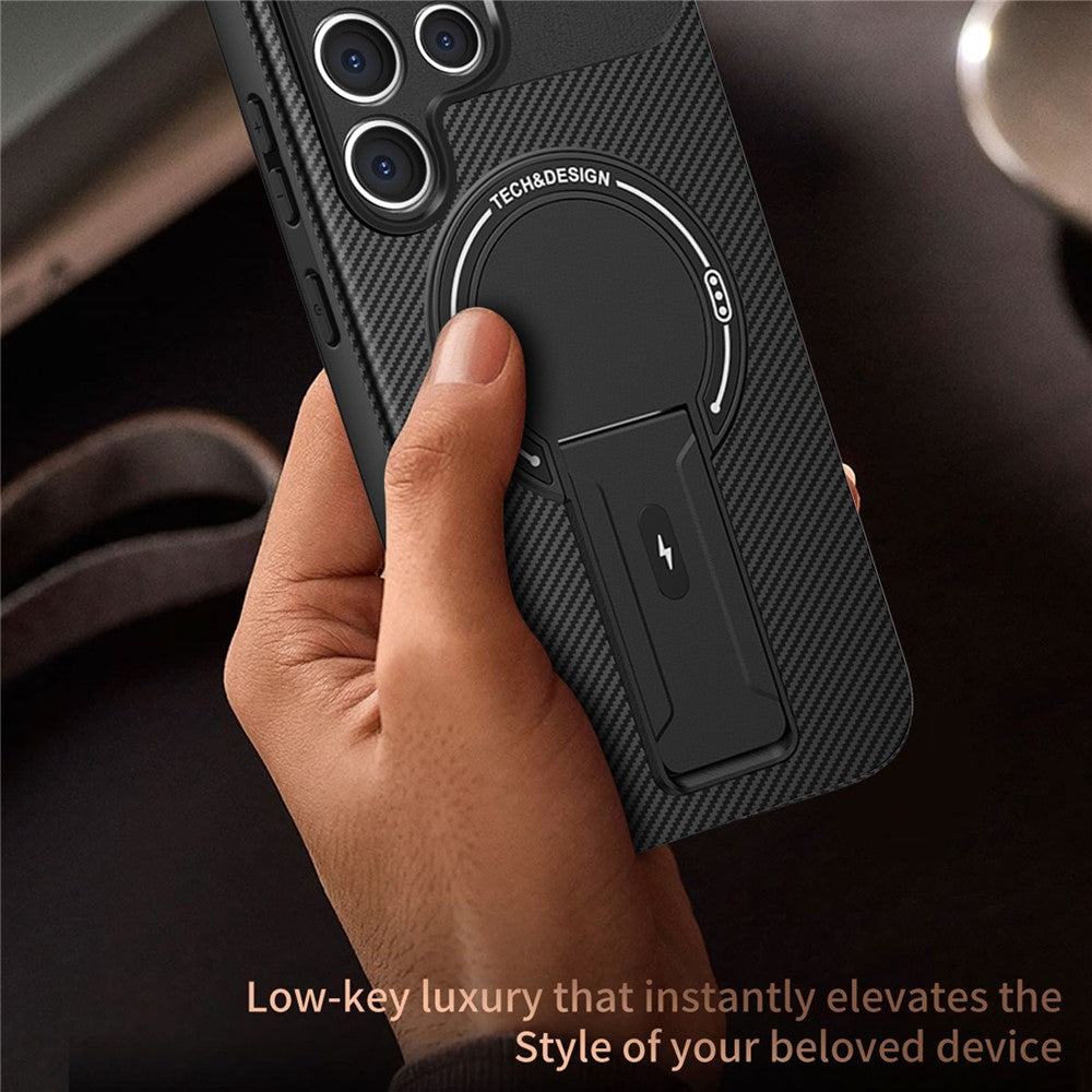 For Samsung Galaxy S23 Ultra Case with Kickstand Carbon Fiber Texture PC + TPU Phone Cover