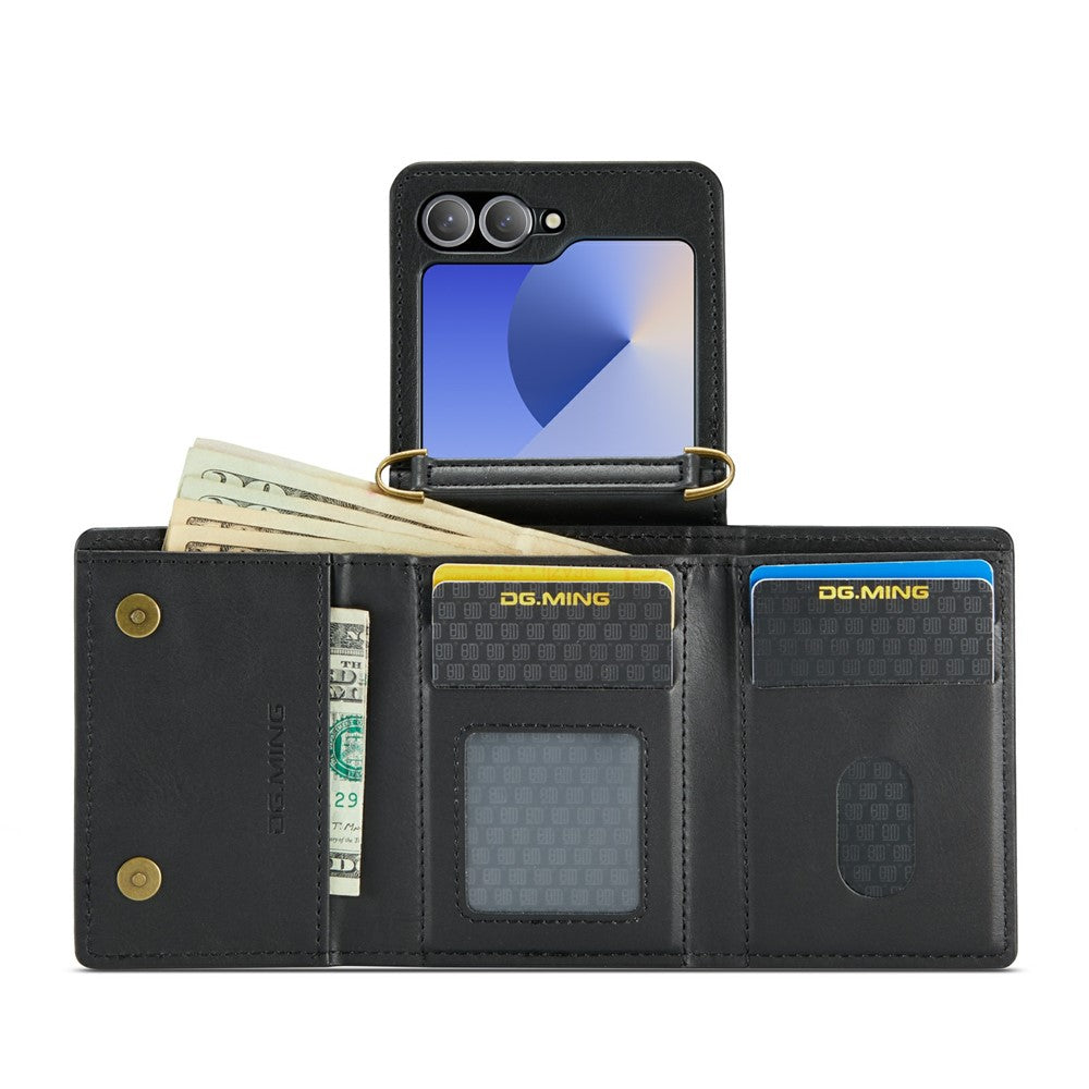 Samsung Galaxy Z Flip6 5G  /  Z Flip7 FE 5G Foldable Case PU + PC Phone Cover with Wallet  /  Shoulder Strap