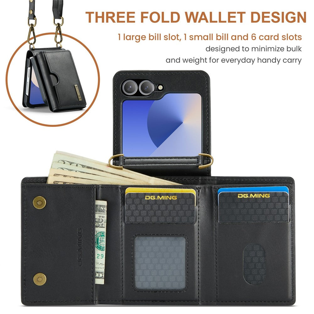 Samsung Galaxy Z Flip6 5G  /  Z Flip7 FE 5G Foldable Case PU + PC Phone Cover with Wallet  /  Shoulder Strap