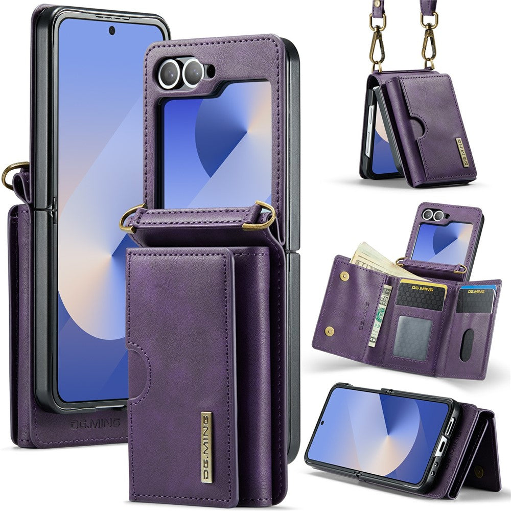 Samsung Galaxy Z Flip6 5G  /  Z Flip7 FE 5G Foldable Case PU + PC Phone Cover with Wallet  /  Shoulder Strap