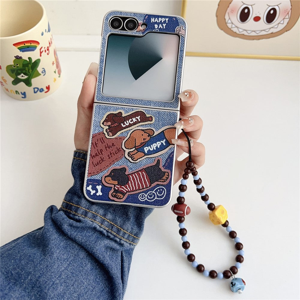 Samsung Galaxy Z Flip7 FE 5G  /  Z Flip6 5G Case Lucky Puppy PC Phone Cover with Wrist Strap