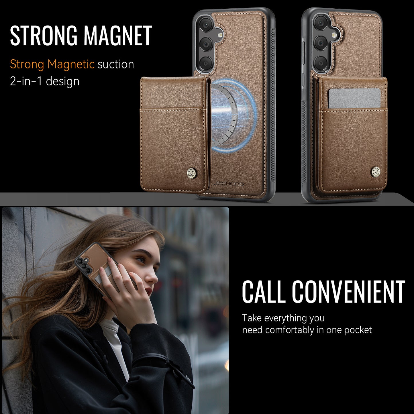 Samsung Galaxy A55 5G / Galaxy A35 5G Leather Back Cover Compatible with MagSafe JEEHOOD J06 Phone Case with Card Bag RFID Blocking