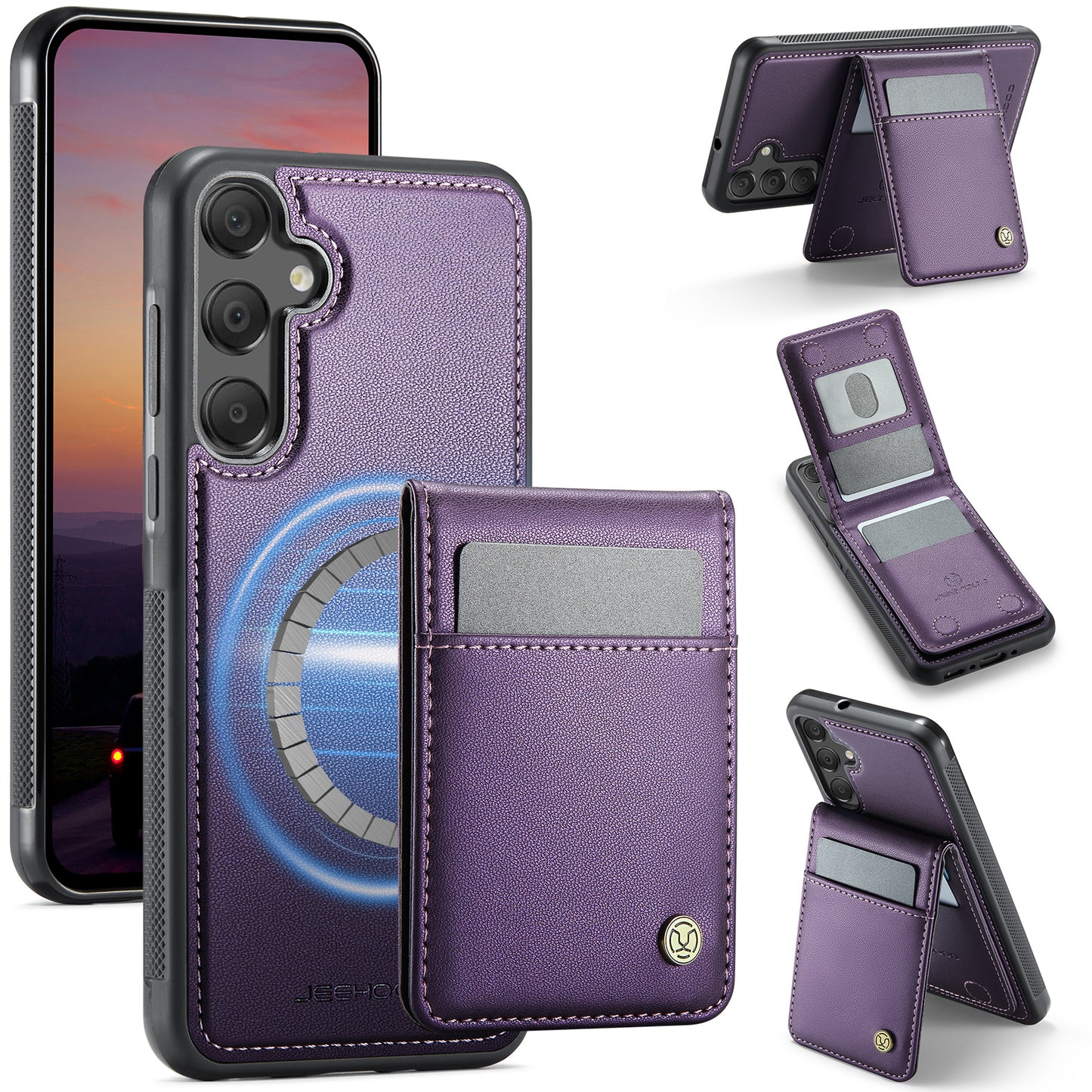 Samsung Galaxy A55 5G / Galaxy A35 5G Leather Back Cover Compatible with MagSafe JEEHOOD J06 Phone Case with Card Bag RFID Blocking