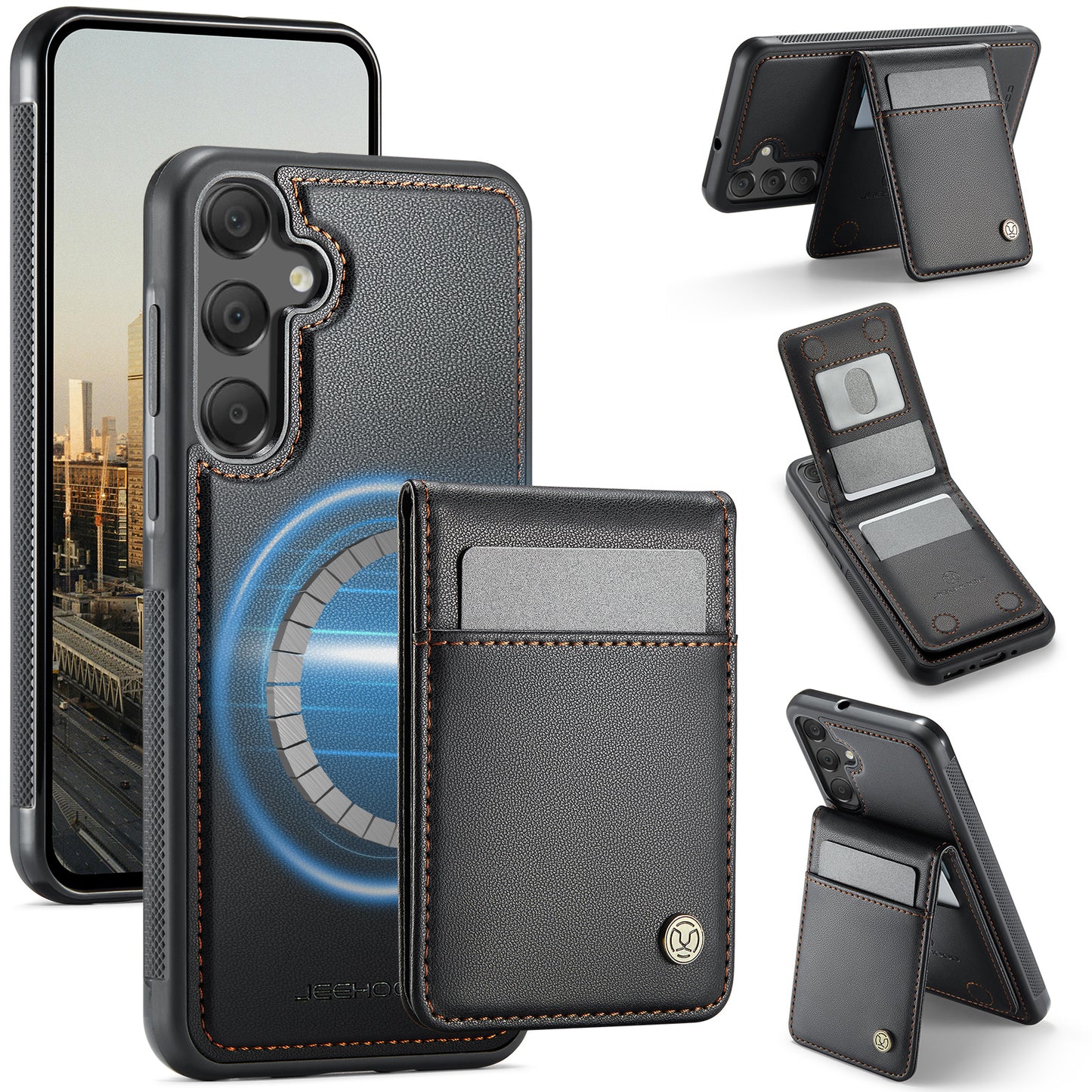 Samsung Galaxy A55 5G / Galaxy A35 5G Leather Back Cover Compatible with MagSafe JEEHOOD J06 Phone Case with Card Bag RFID Blocking