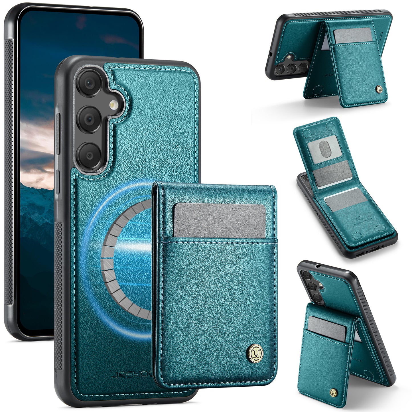 Samsung Galaxy A55 5G / Galaxy A35 5G Leather Back Cover Compatible with MagSafe JEEHOOD J06 Phone Case with Card Bag RFID Blocking