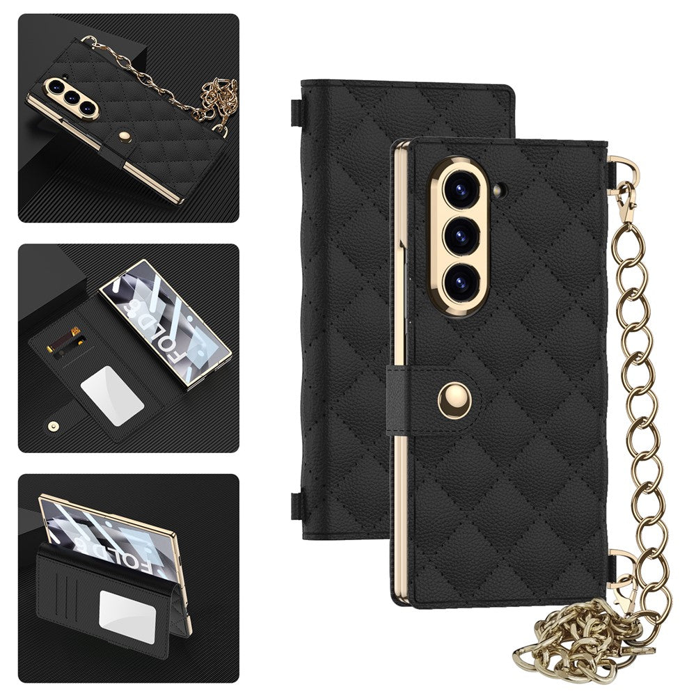 GKK For Samsung Galaxy Z Fold6 5G Case Rhombus Leather Phone Cover with Tempered Glass Film / Hand Chain Strap
