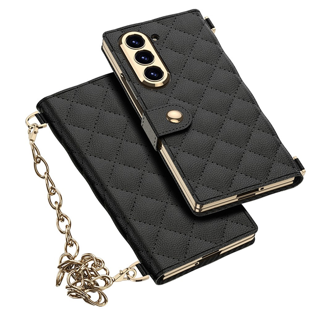 GKK For Samsung Galaxy Z Fold6 5G Case Rhombus Leather Phone Cover with Tempered Glass Film / Hand Chain Strap