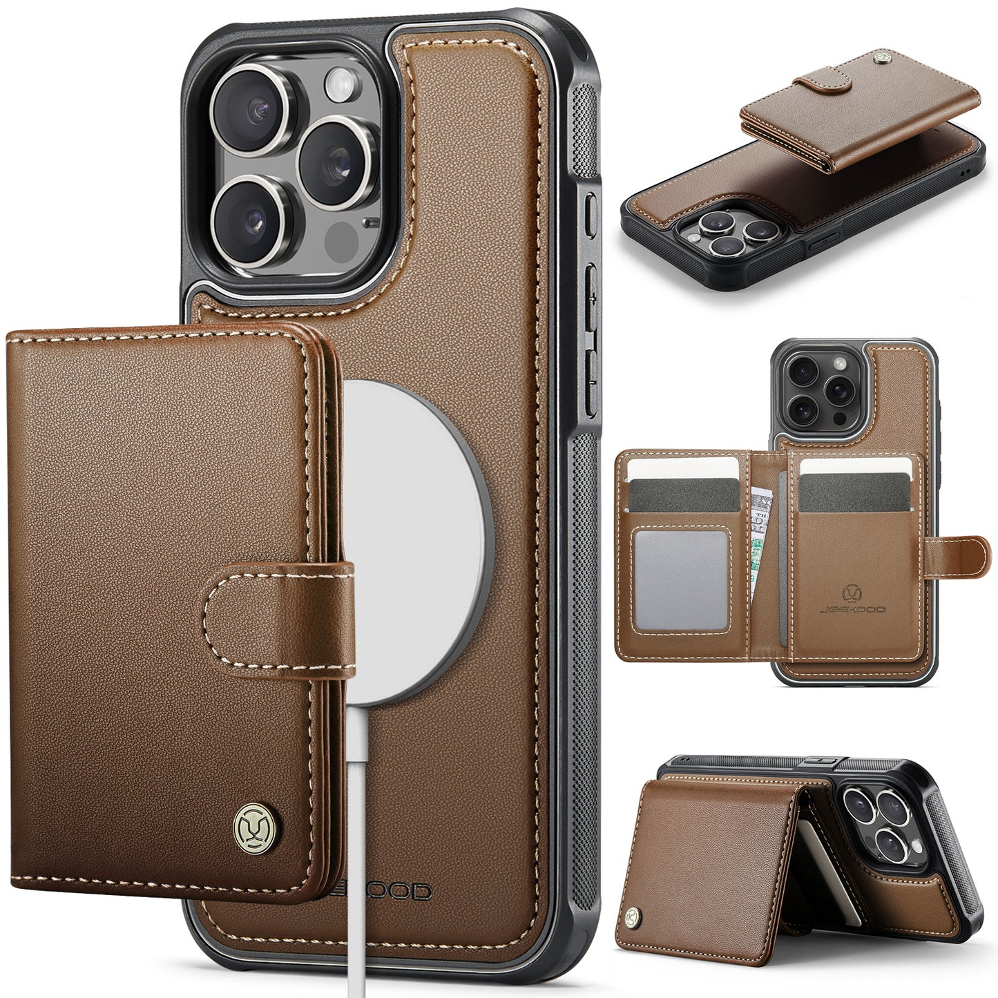For iPhone 14 Pro Max Case JEEHOOD J09 RFID Blocking Card Holder Leather Back Phone Cover Compatible with MagSafe