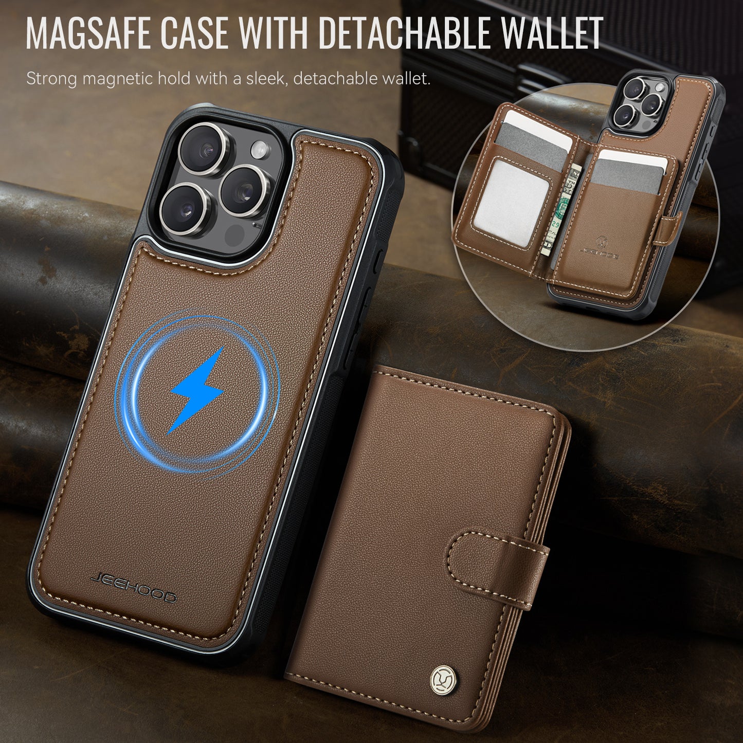 For iPhone 14 Pro Max Case JEEHOOD J09 RFID Blocking Card Holder Leather Back Phone Cover Compatible with MagSafe