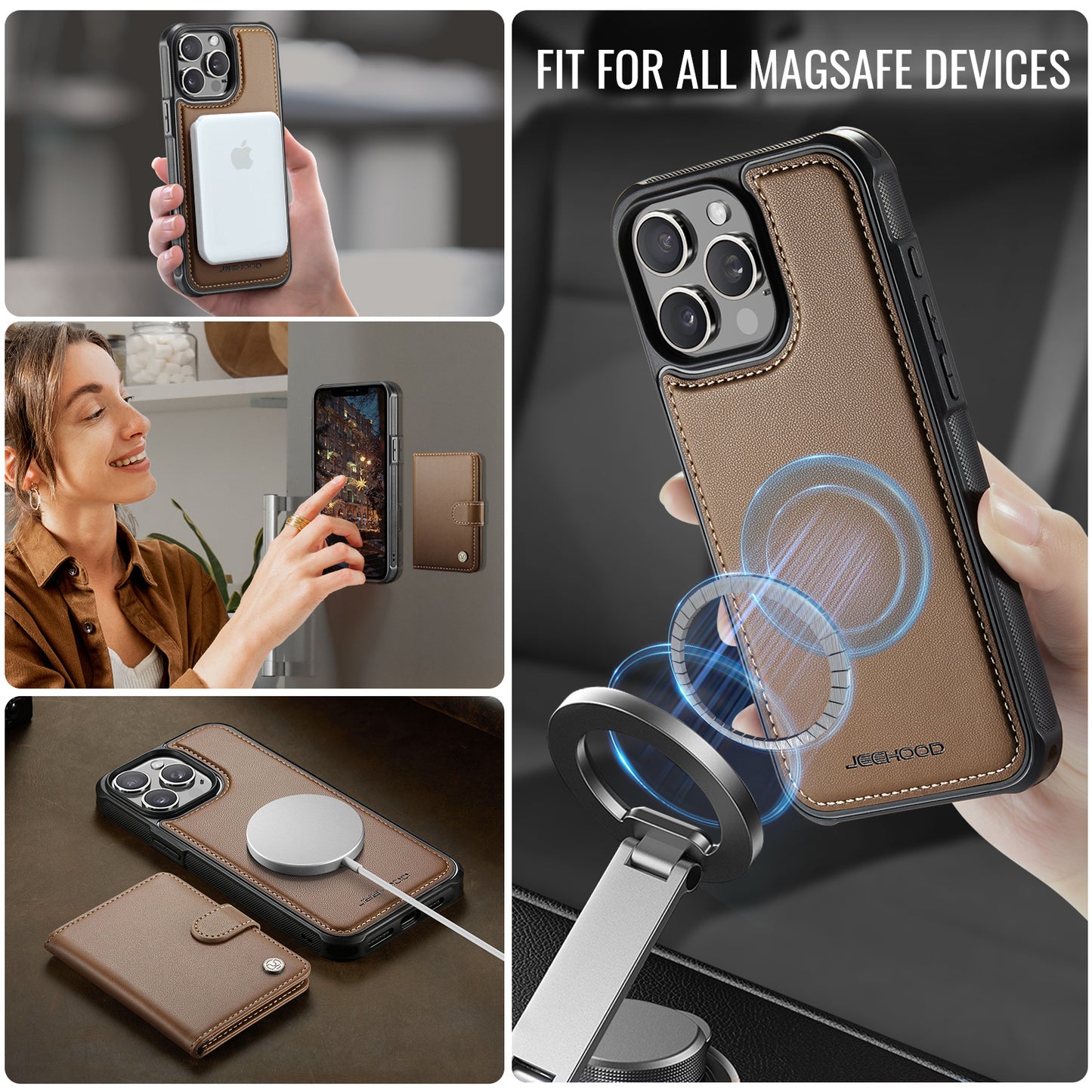 For iPhone 14 Pro Max Case JEEHOOD J09 RFID Blocking Card Holder Leather Back Phone Cover Compatible with MagSafe