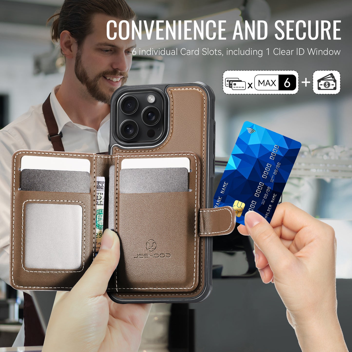 For iPhone 14 Pro Max Case JEEHOOD J09 RFID Blocking Card Holder Leather Back Phone Cover Compatible with MagSafe