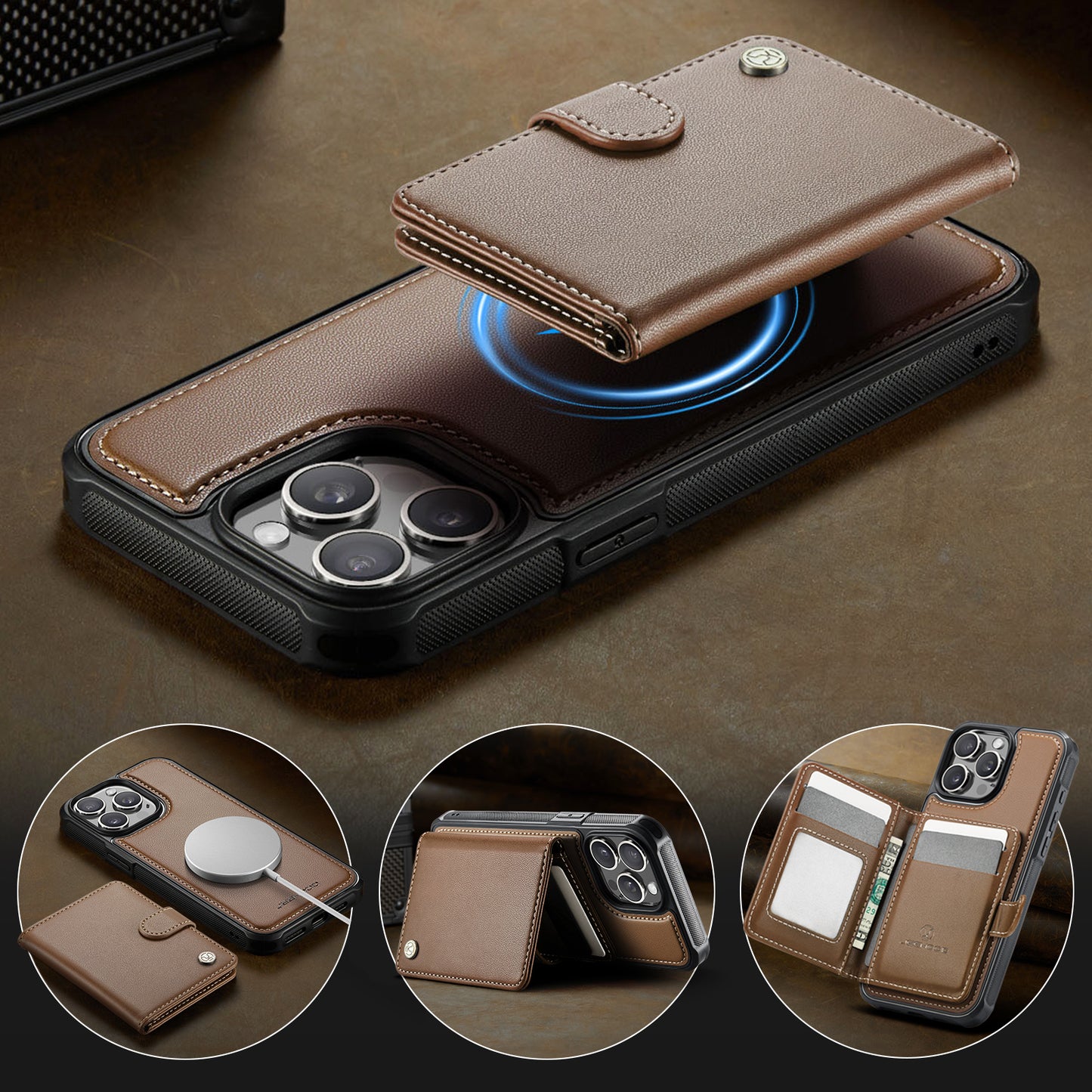 For iPhone 14 Pro Max Case JEEHOOD J09 RFID Blocking Card Holder Leather Back Phone Cover Compatible with MagSafe