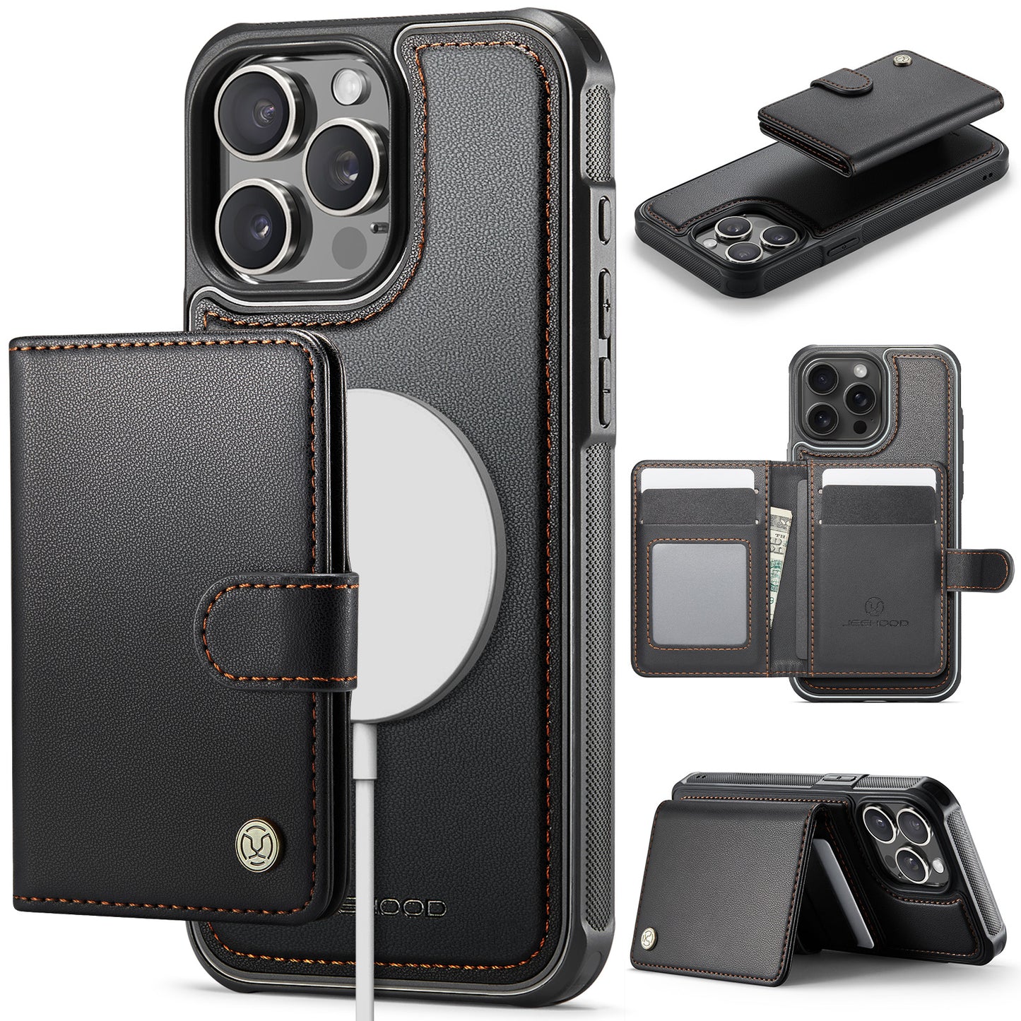 For iPhone 14 Pro Max Case JEEHOOD J09 RFID Blocking Card Holder Leather Back Phone Cover Compatible with MagSafe