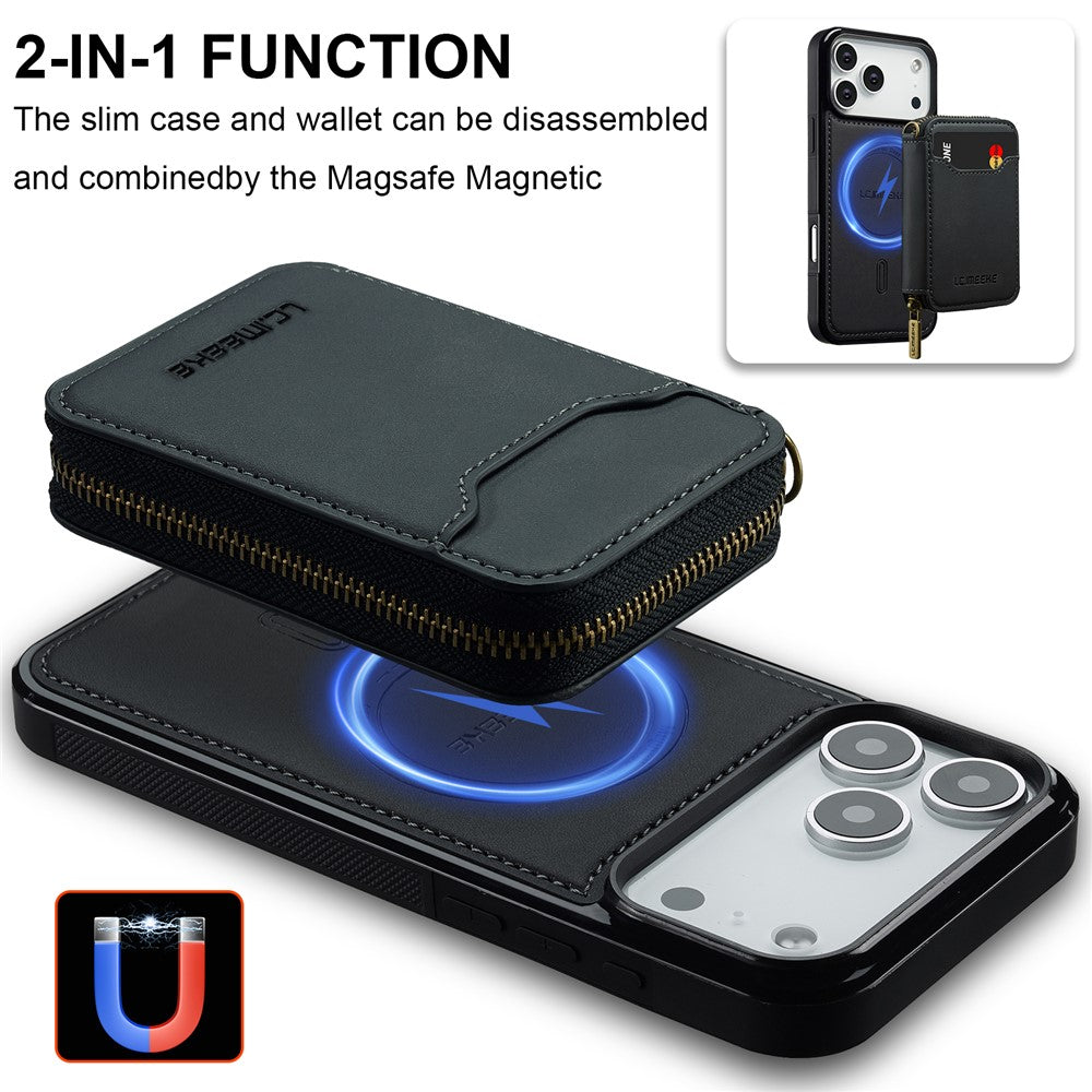 iPhone 17 Pro Magnetic Case Detachable Zipper Wallet Leather Coated PC + TPU Phone Cover