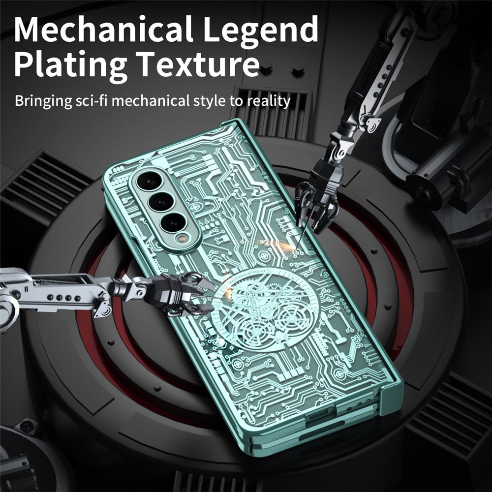 For Samsung Galaxy Z Fold4 5G Mechanical Legend Series Electroplating Phone Case Hard PC Shockproof Cover with Tempered Glass Film